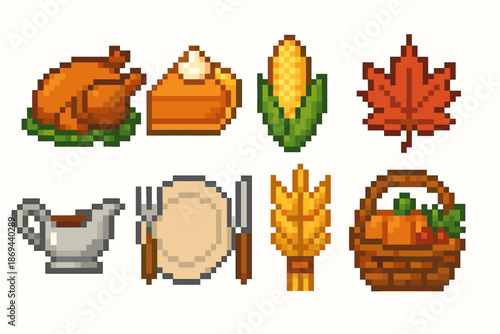 Pixel art thanksgiving icons with turkey, pumpkin pie, and harvest symbols