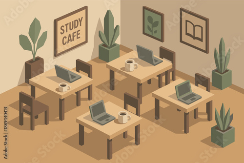 Cozy study cafe with laptops and coffee cups in a relaxing workspace setting