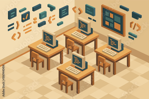 Computer lab with desks and chairs featuring coding graphics on walls