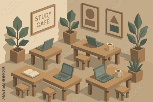 Cozy study café with laptops and books in minimalist interior design