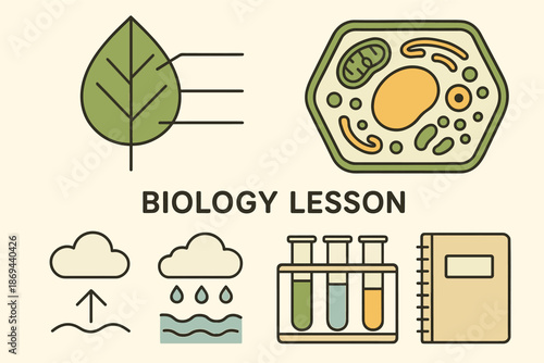 Biology lesson diagram featuring plant cell and ecosystem icons