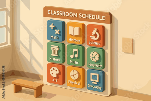 Classroom schedule with subjects displayed on wall in bright sunlit room