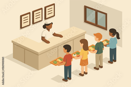School cafeteria line with diverse students being served by female worker