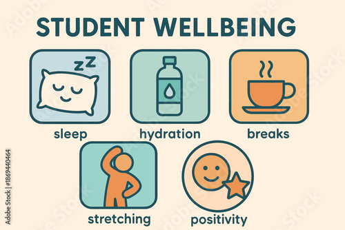 Student wellbeing: sleep, hydration, breaks, stretching, positivity