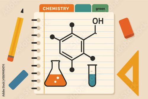 Chemistry notebook with benzene structure and laboratory tools