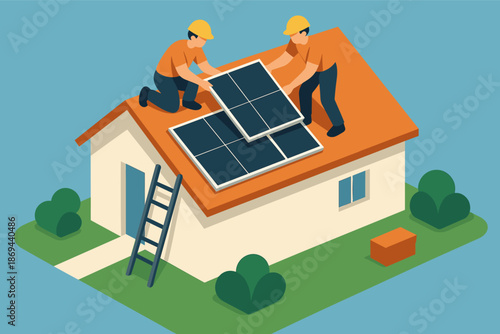 Technicians installing solar panels on roof of eco-friendly house