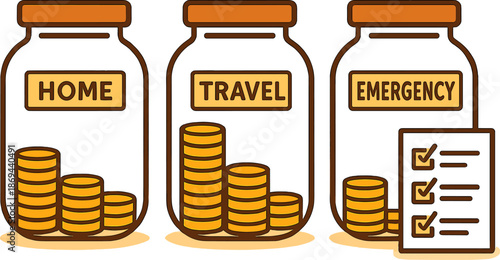 Savings jars with coins and checklist for home, travel, and emergency planning