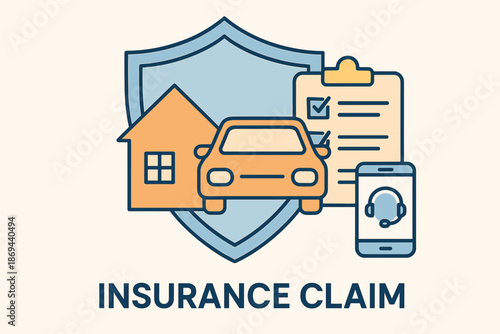 Home, auto, and mobile insurance claim process with checklist and shield icon