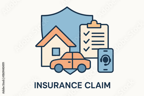 House car and insurance claim icon with checklist and phone for coverage