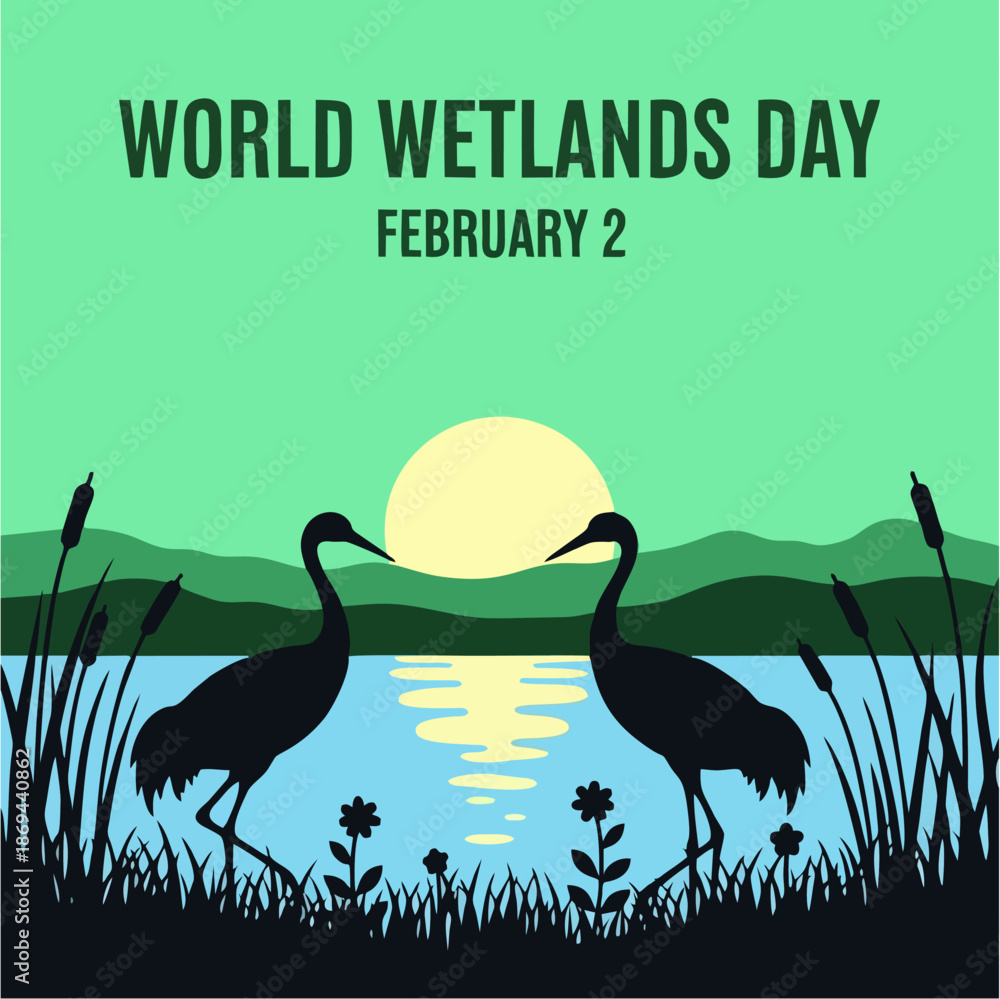 Obraz premium World Wetlands Day February 2nd Poster: Silhouette of Cranes in a Marshland Sunset