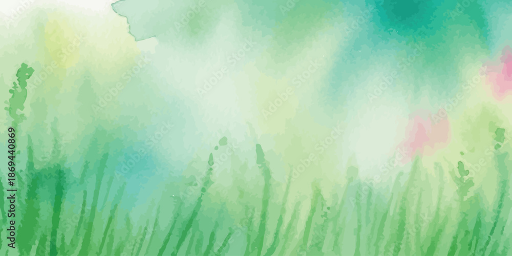 Fototapeta premium Watercolor nature background green grass field soft spring texture
