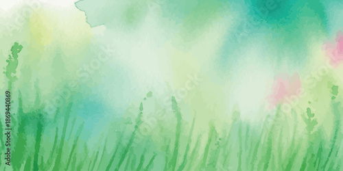Watercolor nature background green grass field soft spring texture