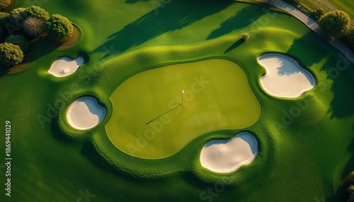 Overhead shot of a challenging golf hole with strategically placed sand traps and lush green fairways,  fairway,  challenge