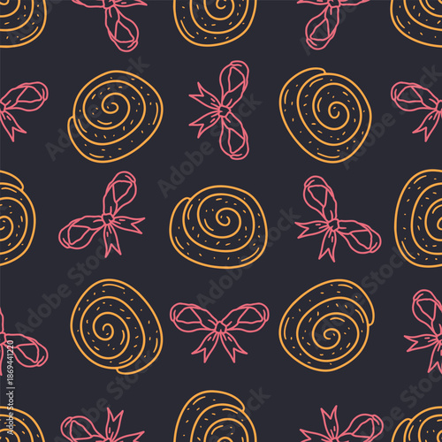 Hygge cinnamon rolls doodle icons seamless pattern. Cozy rustic pastry line art wallpaper