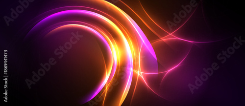Abstract energy flows, vibrant colors blend. Dynamic curves create luminous patterns, dark background emphasizes bright streaks.