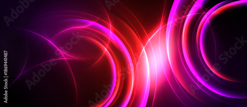 Abstract vibrant energy flows. Bright pinks, reds create dynamic curves, lines against dark background. Modern digital art.