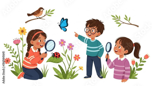 Three children exploring garden with magnifying glasses observing insect and butterfly