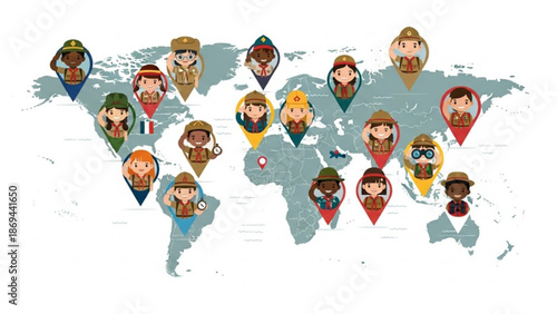 Illustration of diverse cartoon people from around the world on a gray map