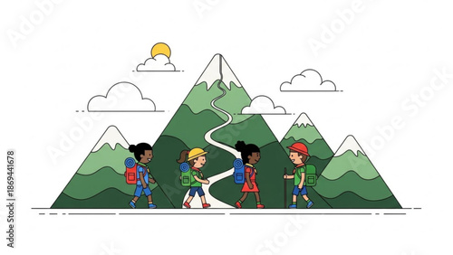 Diverse group of four children hiking together on a mountain trail with backpacks and trekking poles