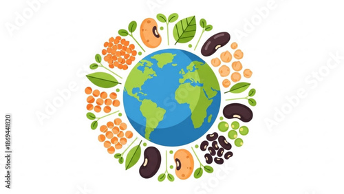 Earth surrounded by various legumes and leafy greens in a circular arrangement symbolizing sustainable food