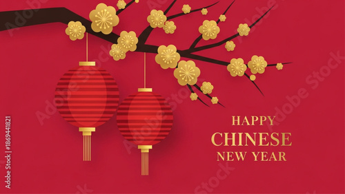 Happy Chinese New Year background with red lanterns and golden plum blossoms in paper cut style.