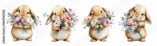 Watercolor rabbit collection with colorful flower arrangements. Charming bunny characters and spring bouquet clipart for Easter cards, nursery decor, and craft projects. Vector illustration.