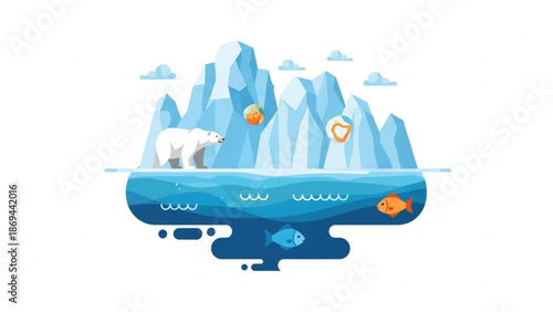 A polar bear stands on melting iceberg with fish swimming underneath and heart shaped symbols floating