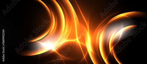 Abstract orange lines, curves, bright light. Dynamic energy radiates from dark background. Modern digital illustration.
