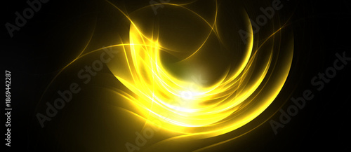 Bright golden energy swirls, radiating light. Abstract design evokes motion, warmth, power. Dark background emphasizes luminosity.