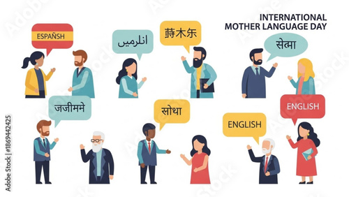 International mother language day illustration with diverse people communicating in various languages