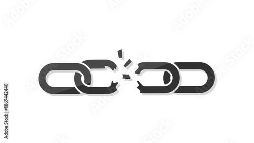 Broken chain link with shattered metal pieces flying apart on white background