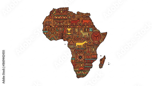 Vibrant african continent map with traditional tribal patterns and symbolic animal motifs on white