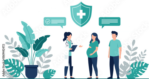 Pregnant woman at medical consultation with doctor, flat vector illustration of maternity healthcare and prenatal care services