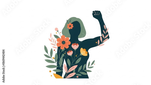A strong woman with flowers and leaves celebrating empowerment and feminism with a raised fist