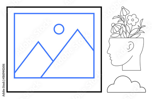 Minimalist head profile with flowers sprouting, mountain landscape in a frame, and a cloud. Ideal for creativity, imagination, mental health, innovation, mindfulness introspection growth. Simple