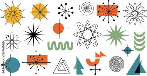 Set of abstract geometric shapes and mid-century modern design elements, retro sunburst and atomic symbols vector illustration