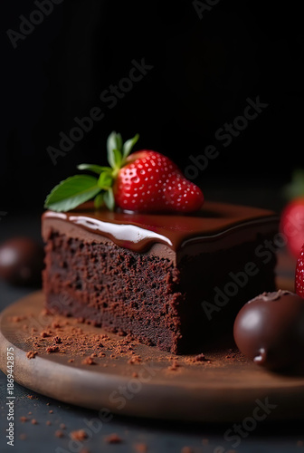 chocolate cake with strawberries. Chocolate Cake Slice Closeup