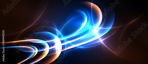 Abstract energy flows, vibrant blue, orange hues. Dynamic curves create luminous trails against dark background. Modern design.