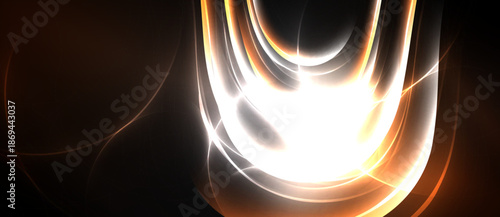 Abstract light composition. Bright glow radiates from center, surrounded by dark curves. Dramatic, modern visual effect.