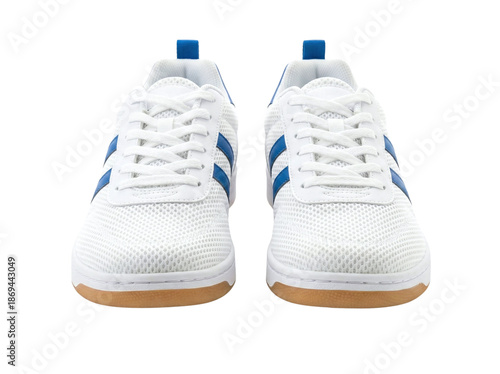 Bild auf Leinwand Front view of white and blue athletic sneakers