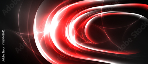 Abstract red energy flows, swirling patterns, bright illumination against dark background. Dynamic composition creates visual impact.