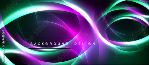 Abstract neon swirls, vibrant purple, green hues. Dark background creates dramatic visual effect. Modern design element.