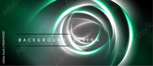 Abstract design features glowing circular layers. Dark background contrasts bright neon green, silver elements. Modern, dynamic composition.