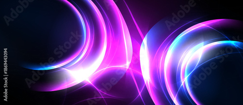 Abstract vibrant light curves, magenta, blue hues. Dynamic energy radiates from central bright point. Modern digital illustration.
