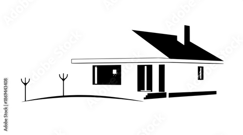 Modern minimalist house icon in flat vector style with monochrome color scheme, characterized by clean lines and simple geometric shapes, set against a pristine white background, incorporating subtle 