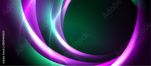 Abstract design features vibrant curves, flowing lines. Purple, green hues dominate dark background. Modern, dynamic composition.