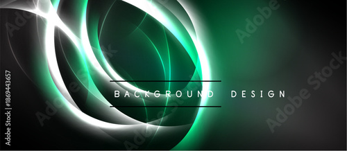 Abstract neon lines create flowing shapes. Dark background emphasizes bright green, white glow. Modern design element.
