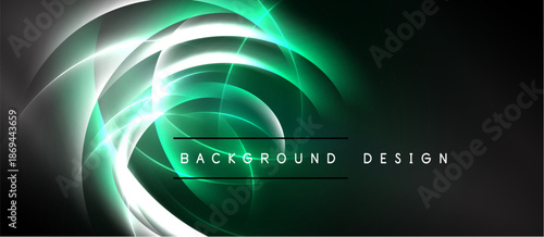 Abstract design features swirling neon green light, gray shades. Dark background creates dramatic visual effect. Modern, dynamic composition.