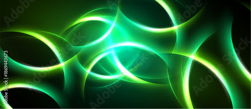 Abstract green energy flows, luminous curves, dark background. Dynamic composition creates vibrant visual impact. Smooth gradients, flowing lines.