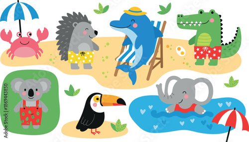 Set of cute animals enjoying summer beach vacation, kawaii dolphin elephant and crocodile vector illustration